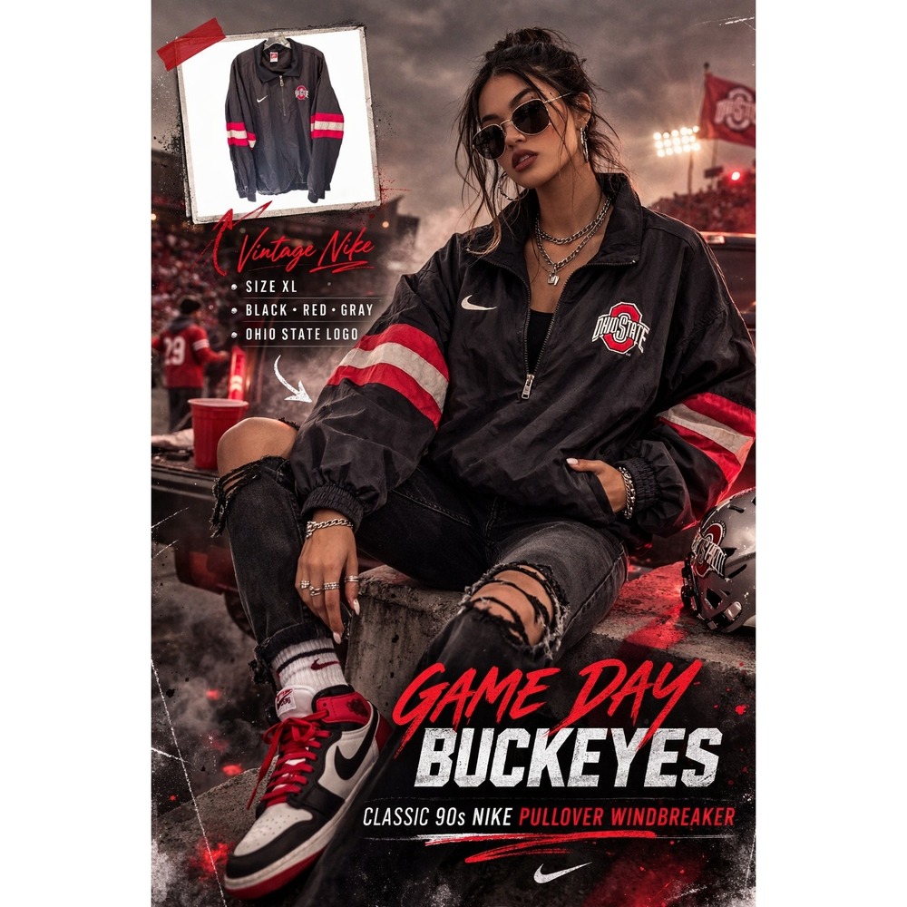 VINTAGE Nike Ohio‎ State Buckeyes Pullover Jacket XL Black Red Gray Windbreaker